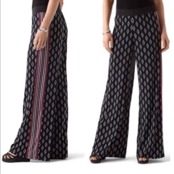 White House Black Market Pants - WHBM ikat Wide Leg Pants Geo tuxedo band in black multi sz xs